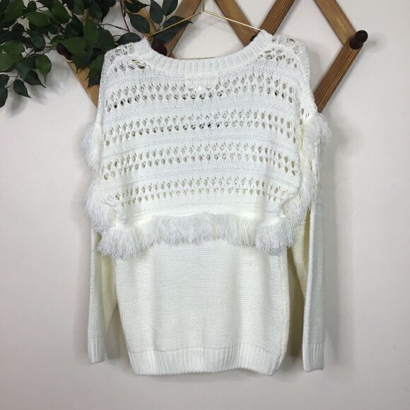 J.O.A Crochet Fringe Openwork Knit Crew Sweater - Picture 4 of 8